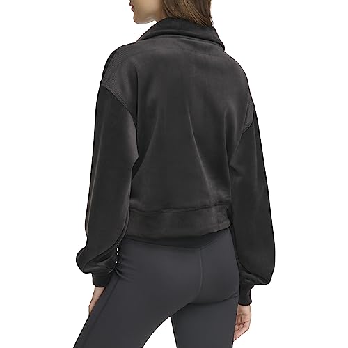 DKNY Women's Performance Long Sleeve Tech Velour Rib Half Zip, Black