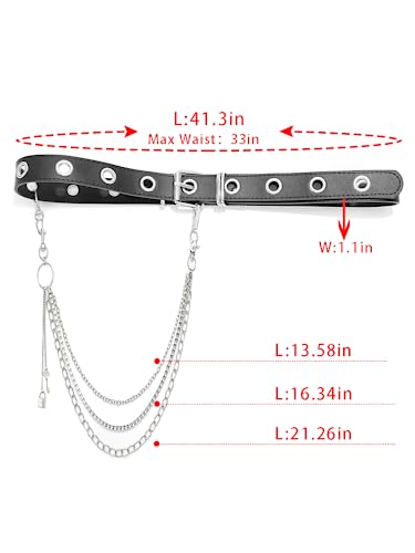 Jemiwa Leather Belt Chain Pant with Detachable Silver Punk Aesthetic Waist Belts Hip Hop Rock Jeans Chains (Black-B)