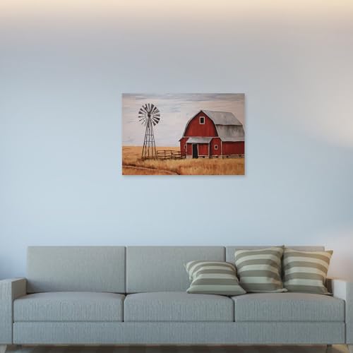 DOARTDO Old Barn Canvas Wall Art Farmhouse Windmill Pictures Country Blue Barn White Flowers Painting for Living Room Home Decor Frame (Barn - 1, 12.00" x 18.00")