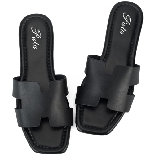 Putu Women's Flat Sandals Summer Sandals Cute Slide Sandals Black 6