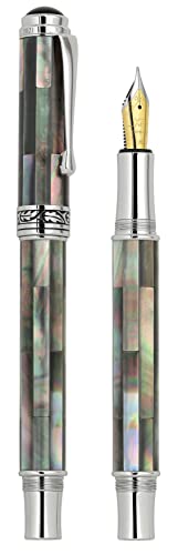 Xezo Maestro Fountain Pen, Medium Nib. Handcrafted with Black Mother of Pearl Inlay. Platinum Plated. Limited Edition, Serialized. No Two Alike