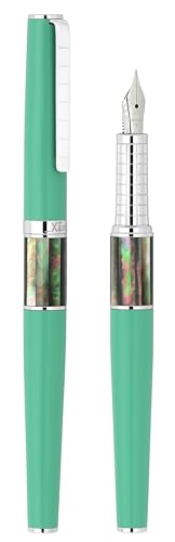 Xezo Speed Master Fountain Pen, Medium Nib, Matte Aqua Green with Tahitian Black Mother of Pearl. Chrome Plated. Lightweight Brass Body. No Two Alike