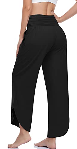 UEU Women's Wide Leg Yoga Pants High Waisted Comfy Dance Sweatpants Loose Casual Soft Lounge Joggers with Pockets (Tie Dye Black Blue, M)