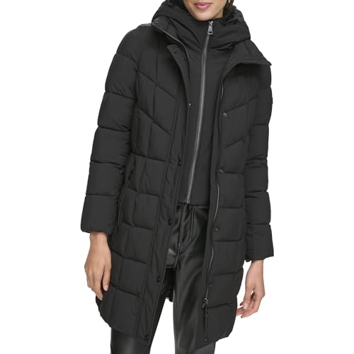 DKNY Women's Long Puffer, Bib-Front Black