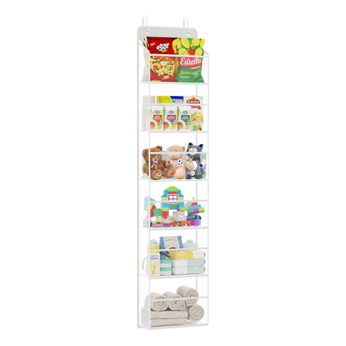 Univivi Over Door Hanging Organizer Behind the Door Storage, Closet Door Organizer with 6 Clear Plastic Pockets & 2 Big Metal Hooks for Cosmetics, Bathroom, Nursery and Sundries