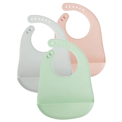 PandaEar 3 Pack Baby Bibs for Eating with Food Catcher, Waterproof Silicone Bibs for Babies Toddlers Boys Girls, Adjustable Baby Food Feeding Bibs, BPA Free