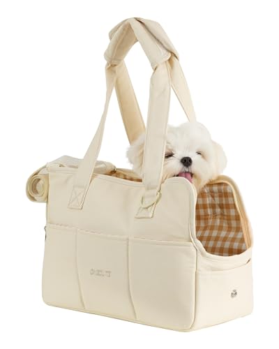 ONECUTE Dog Carrier for Small Dogs Rabbit cat with Large Pockets, Cotton Bag, Dog Carrier Soft Sided, Collapsible Travel Puppy Carrier (Beige, 13.6" L x 6.5" W x 10" H)