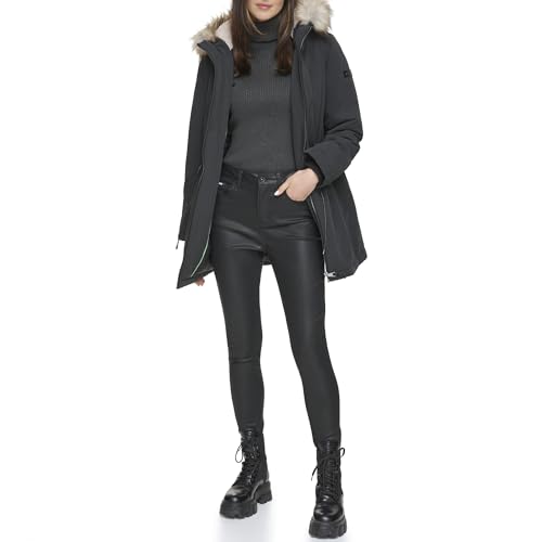 DKNY Women's Anorak Coat, Faux Fur Trim Black