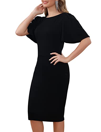 Aphratti Black Dresses for Women Funeral Church Graduation Classy Work Formal Sheath Bodycon Midi Dress (Black, Small)