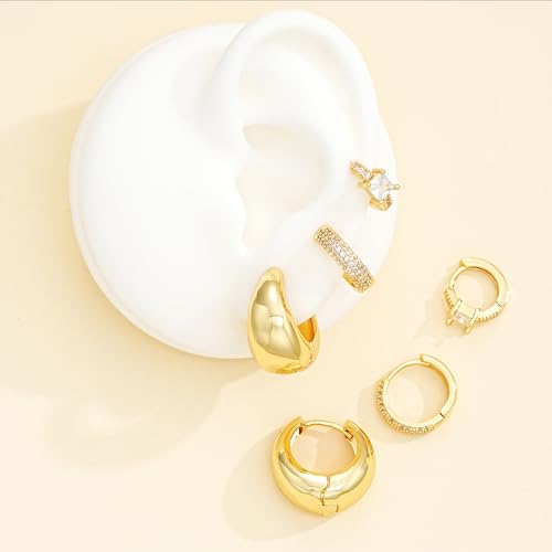 Gold Hoop Earrings Set for Women, Small Cubic Zirconia Gold Earrings Sets for Multiple Piercing, Hypoallergenic Chunky Gold Earrings for Women Jewelry