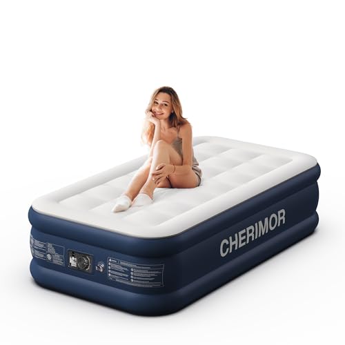 CHERIMOR Twin Air Mattress with Built in Pump and Quilted Mattress Topper, 20" Comfort Blow Up Mattress, Portable Inflatable Mattress with Carry Bag, 2-Min Inflation Air Bed for Guest, Home & Camping