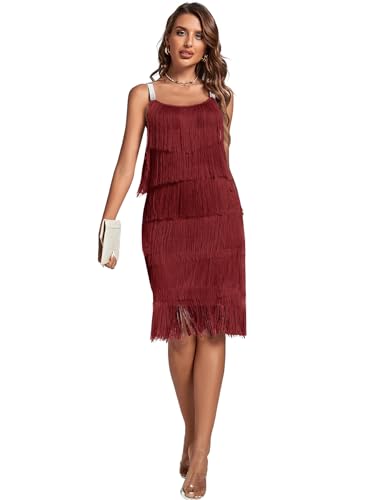 Umenlele Women’s 1920s Flpper Dress Gatsby Sleeveless All Over Tassel Tiered Fringe Cocktail Party Dress Wine Red# Small