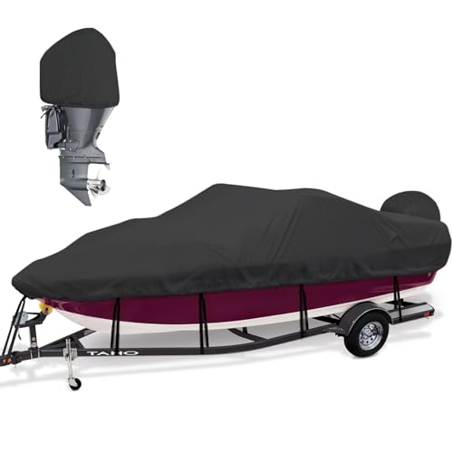 Mionovity Boat Cover 14-16 ft,Waterproof Bass Boat Cover 14 15 16 foot,600D Canvas Heavy Duty Boat Cover 16 feet,Fits V-Hull Fishing Runabout Bowrider Boat,17'-19' Boat Cover with Outboard Motor Cover