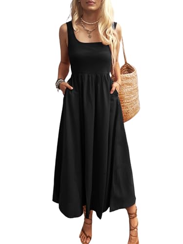 Mieazom Women's Maxi Dress Summer Sleeveless Swing Sundress Casual Loose Tank Long Dresses with Pockets Dark Green M