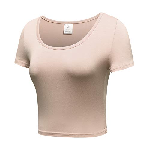 OThread & Co. Women's Basic Crop Tops Stretchy Casual Scoop Neck Cap Sleeve Shirt (Medium, Peach Pink)