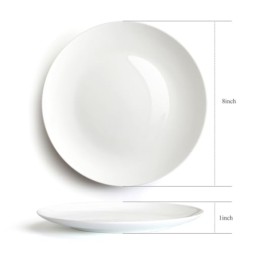 YFWOOD Ceramic Dinner Plates Set Of 6, 8 Inch Salad Plates, Contemporary Round Porcelain Tablewar, Suitable for Desserts, Appetizer, Pasta, Microwave Safe, Scratch Resistant Deep Plates - White