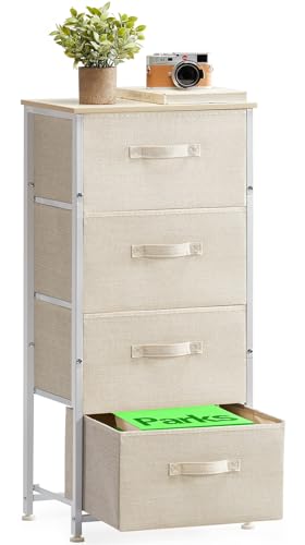 Pipishell Dresser with 4 Drawers, Tall Storage Tower with Sturdy Steel Frame Wood Top，Fabric Dresser Organizer Unit for Bedroom, Hallway, Entryway, Closets, Nursery Room