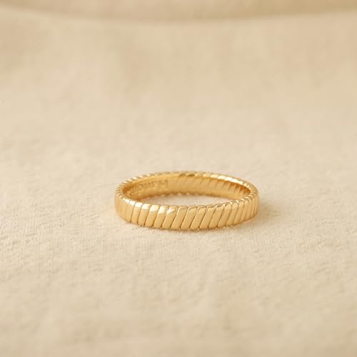 GNIRTSI Gold Flat Ribbed Ring for Women 14K Gold Plated Minimalist Stack 4MM Wide Band Finger Jewelry Size 6