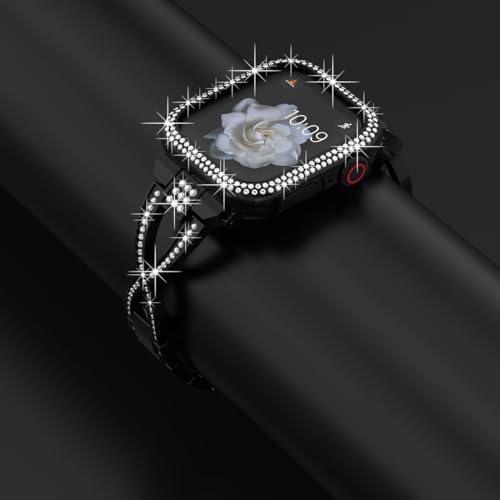 HJINVIGOUR Compatible Apple Watch Diamond Case Protective Cover Bling Rhinestone Crystal Metal Alloy Band Strap Series 9 8 7 6 5 4 45mm 41mm 44mm 40mm (40mm, Black)