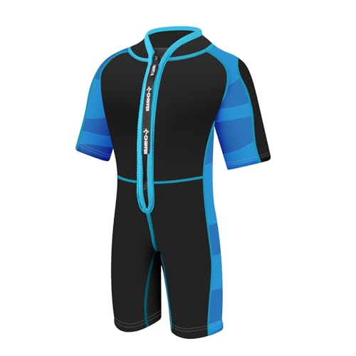 Chriffer Kids Wetsuit Shorty Wet Suit for Girls Boys Front Zip 2mm Neoprene Thermal Short Sleeves for Toddler/Kid/Youth/Teens Keep Warm for Diving Surfing Swimming Water Sports, Blue, X-Small