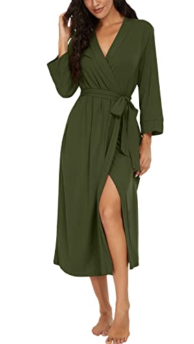VINTATRE Women Kimono Robes Long Knit Bathrobe Lightweight Soft Knit Sleepwear V-neck Casual Ladies Loungewear Dark Green-Medium
