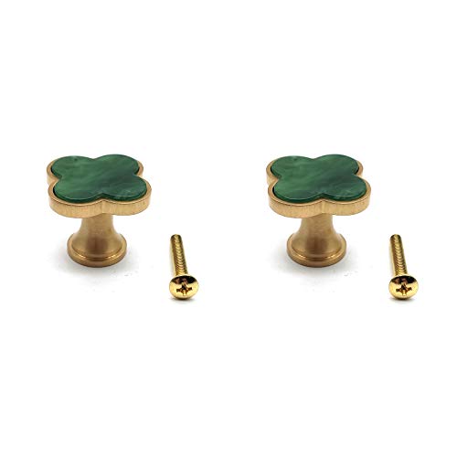 Susenya Cabinet Knobs and Handles,2-Pack, Brass Cabinet Knobs Four Leaf Clover Shape Knobs for Dresser Drawers 1.1" Width Moss Green