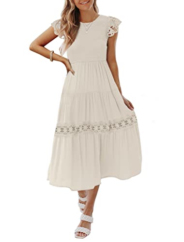 ZESICA Women's 2024 Casual Crew Neck Flutter Sleeve Smocked High Waist Hollow Out Lace Trim Tiered A Line Midi Dress,Sage,Large