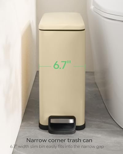 Nunsino Small Bathroom Trash Can with 15 Garbage Bags,2.6 Gallon Stainless Steel Garbage Can with Lid Soft Close,Small Trash Bin for Bathroom,Kitchen,Home Office,Almond Yellow