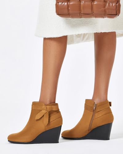 Coutgo Womens Wedge Booties Fall Ankle Boots Tie Knot Stacked Heeled Side Zipper Winter Dress Shoes, Beige, Size 6.5
