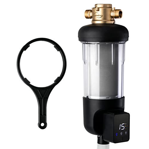 iSpring WSP50ARJ Spin-Down Sediment Water Filter, Upgraded Jumbo Size, Large Capacity, Reusable with Touch-Screen Auto Flushing Module, Brass Top Clear Housing, 50 Microns