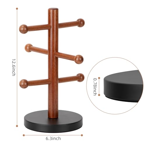 E-ROOM TREND Mug Holder, Coffee Cup Tree for Countertop with Carbon Steel Stable Base and 6 Hooks, Wooden Mug Rack Coffee Cup Stand Display Organizer, Kitchen Bar Station Mug Collection (MH326W)