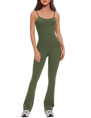 Zattcas Flare One Piece Casual Jumpsuits For Women Tummy Control Spaghetti Straps Sleeveless Summer Rompers Athletic Workout Bodysuit Jumpsuit Green S