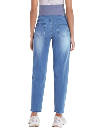 POSHGLAM Women's Maternity Jeans Over Belly Comfy Stretch Boyfriend Jeans Denim Pregnancy Pants(Light Blue, Small)