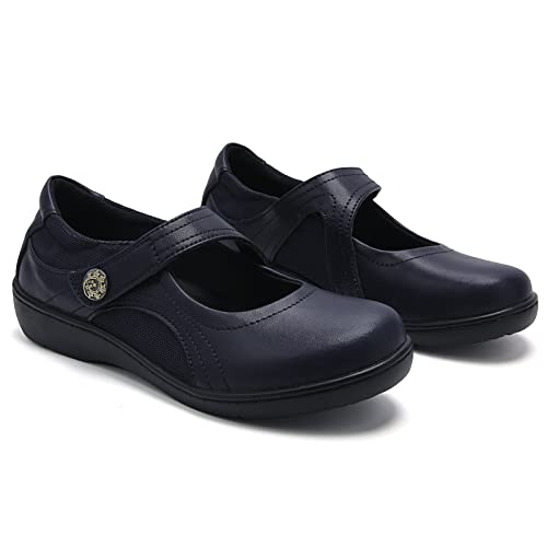 UZB MARY JANE SHOES WOMEN'S MEMORY FOAM ORTHOPEDIC OFFICE & WORK SHOES - NON SLIP CASUAL FLATS WITH HOOK AND LOOP CLOSURE, NAVY, 6 US