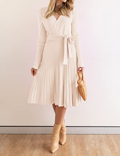 ZESICA Women's 2024 Fall Long Sleeve Wrap V Neck Ribbed Knit Pleated A Line Pullover Sweater Dress with Belt,Maple,Large