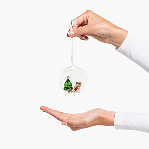 SWAROVSKI Christmas Scene Ornament, for Hanging on a Tree or for Display, Clear Crystal with Teddy Bear and Tree, Part of The Swarovski Joyful Ornaments Collection