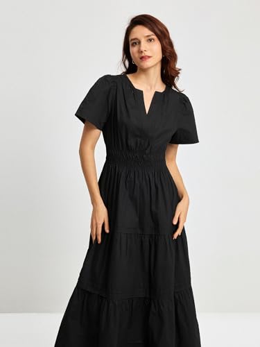 ShallWe Women's Basic Plain Black Summer Dress Casual Long Maxi Short Sleeve Layered Cotton V Neck A Line Fashion Travel