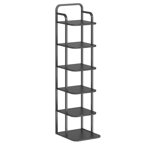 Hzuaneri Vertical Shoe Rack, Shoe Shelves, Wood Shoe Organizer for Closet, Entryway, Shoe Tower for Small Spaces, Free Standing, Adjustable, with 2 Hooks, 6 Tier Black SR04204B