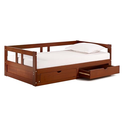Alaterre Furniture Melody Extendable Daybed Frame with Trundle and Storage Drawers, Brazilian Pine Wood King-Size Bed for Kids Bedroom Furniture, 200 Pound Capacity, Multiple Finish Options