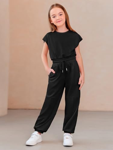 Haloumoning Girls Jumpsuits Kids Fashion Crewneck Elastic Waist Long Pants Rompers with Pockets 5-14 Years