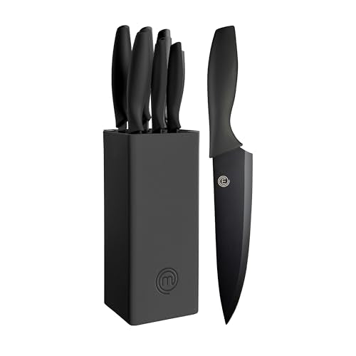 MasterChef Kitchen Knife Set with Covers, 6 Professional Chef Knives for Home Kitchens, Extra Sharp Cutting Stainless Steel Blades & Protective Sheaths, Soft-Touch Easy-Grip Handles, Essential Black