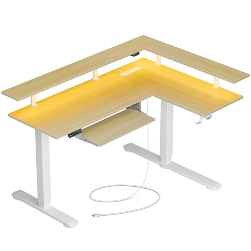 Rolanstar L Shaped Standing Desk with LED Light and Power Outlet, Dual Motor Height Adjustable Electric Standing Desk with Monitor Stand & Keyboard Tray, 61.2" Sit Stand Desk Black