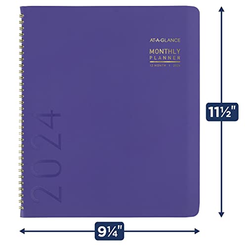 AT-A-GLANCE 2024 Monthly Planner, 9” x 11”, Large, Monthly Tabs, Pocket, Faux Leather, Contemporary, Purple (70250X1424)