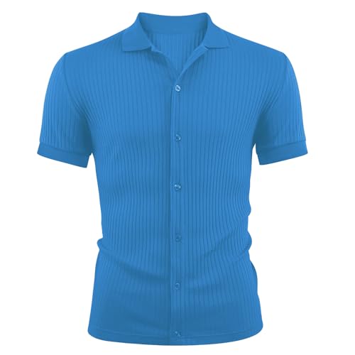 LOGEEYAR Men's Slim Fit Polo Shirts Short Sleeve Breathable Button Down Golf Shirts Ribbed Knit Soft Cotton Tops Blue
