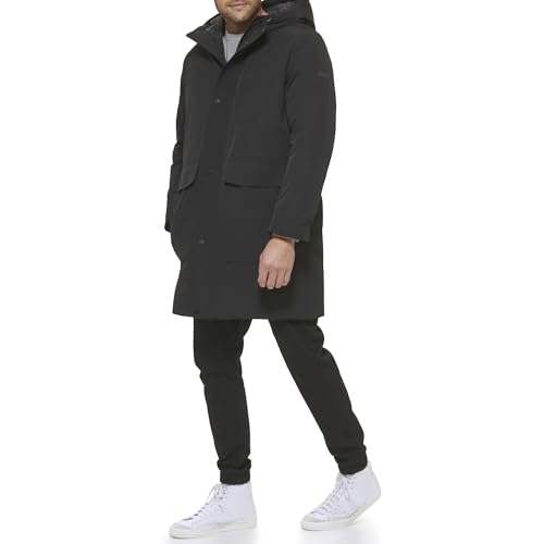 DKNY Men's Water Resistant Hooded Logo Parka Jacket, Heavyweight Black