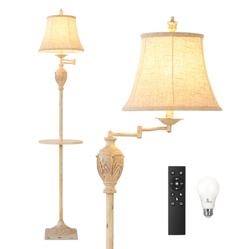 Traditional LED Floor Lamp with 350° Adjustable Swing Arm Lamp – Vintage Standing Pole lamp for Living Room, Bedroom and Office – Rustic Upright Floor Light for Home Décor with Silk Fabric Shade