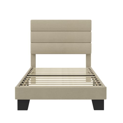 SHA CERLIN Twin Platform Bed Frame with Upholstered Fabric Headboard, Mattress Foundation with Strong Wooden Slats Support, No Box Spring Needed, Beige