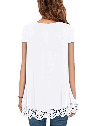 QIXING Women's Tops Short Sleeve Lace Trim O-Neck A Line Tunic Blouse VG Blue Green-Medium