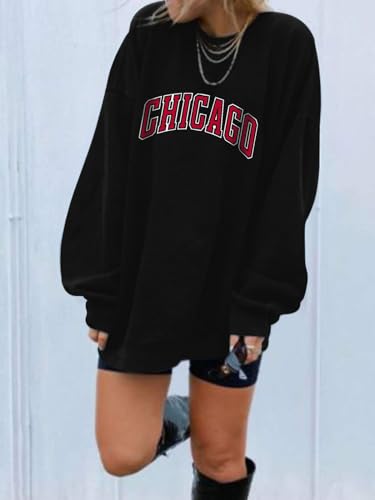 DOOLECK Women's Letter Graphic Print Sweatshirt Cute Chicago Oversized Pullover Crewneck Long Sleeve Tops for Teen Girl