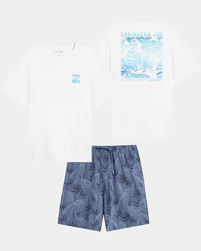 CARIBBEAN JOE Men's Sleep Set, Tropical Fronds Shorts and Blue Crew Neck T-Shirt Pajamas, Lightweight Novelty PJs